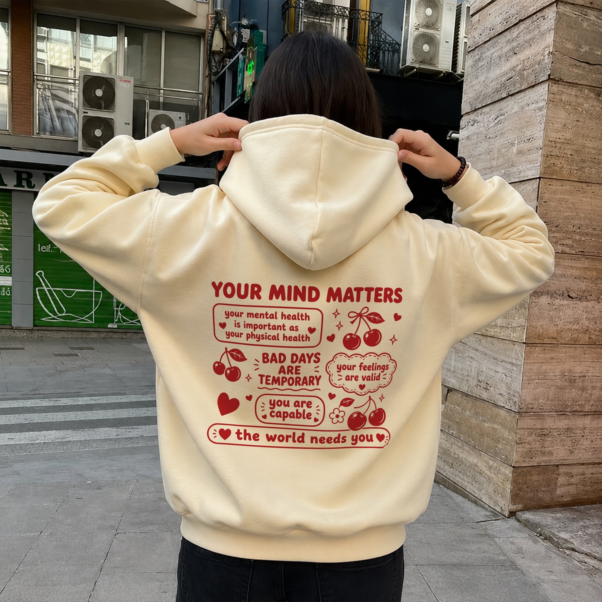Your Mind Matters Cherry Hoodie - Warm Sand back