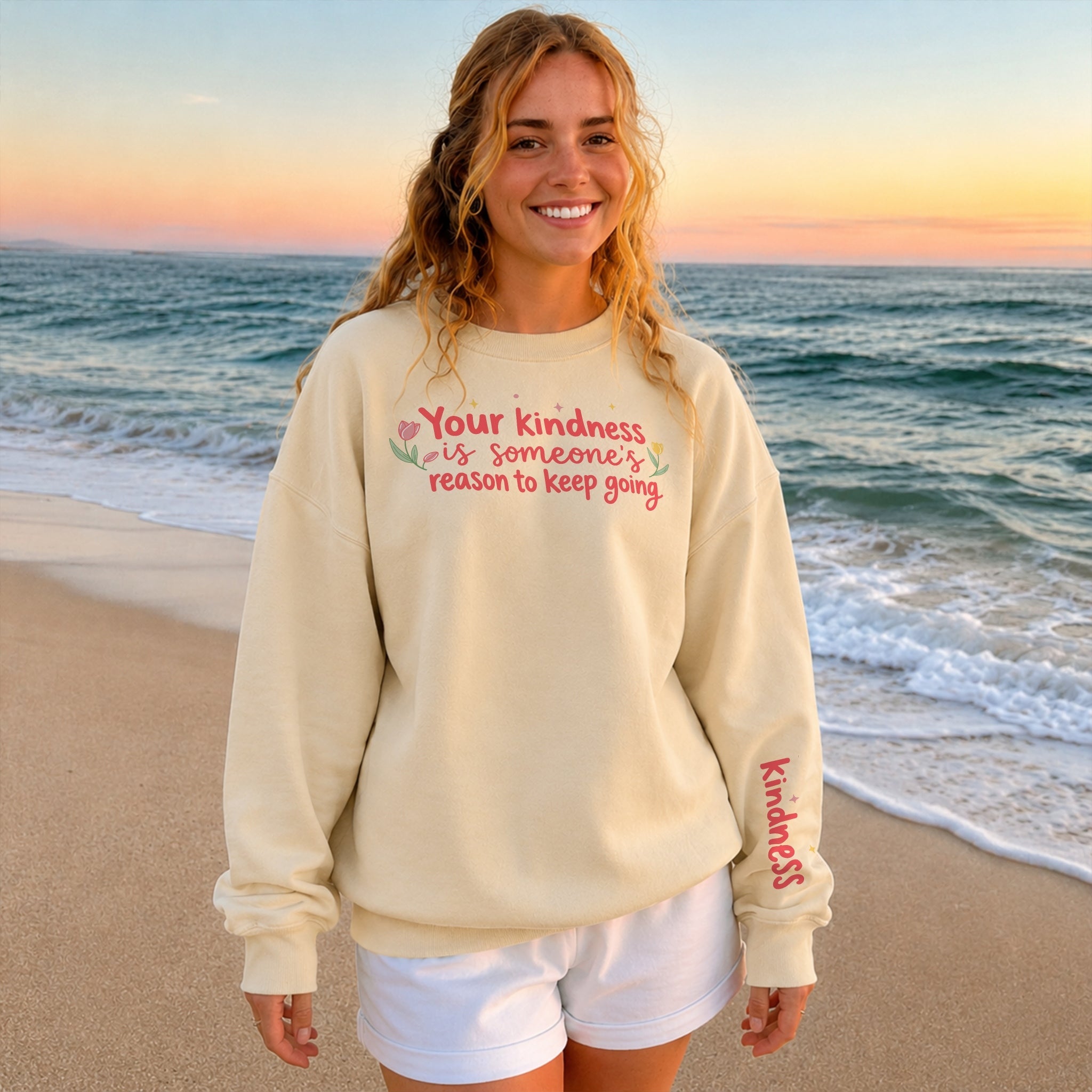 Kindness Keeps Someone Going Sweater - Warm Sand front