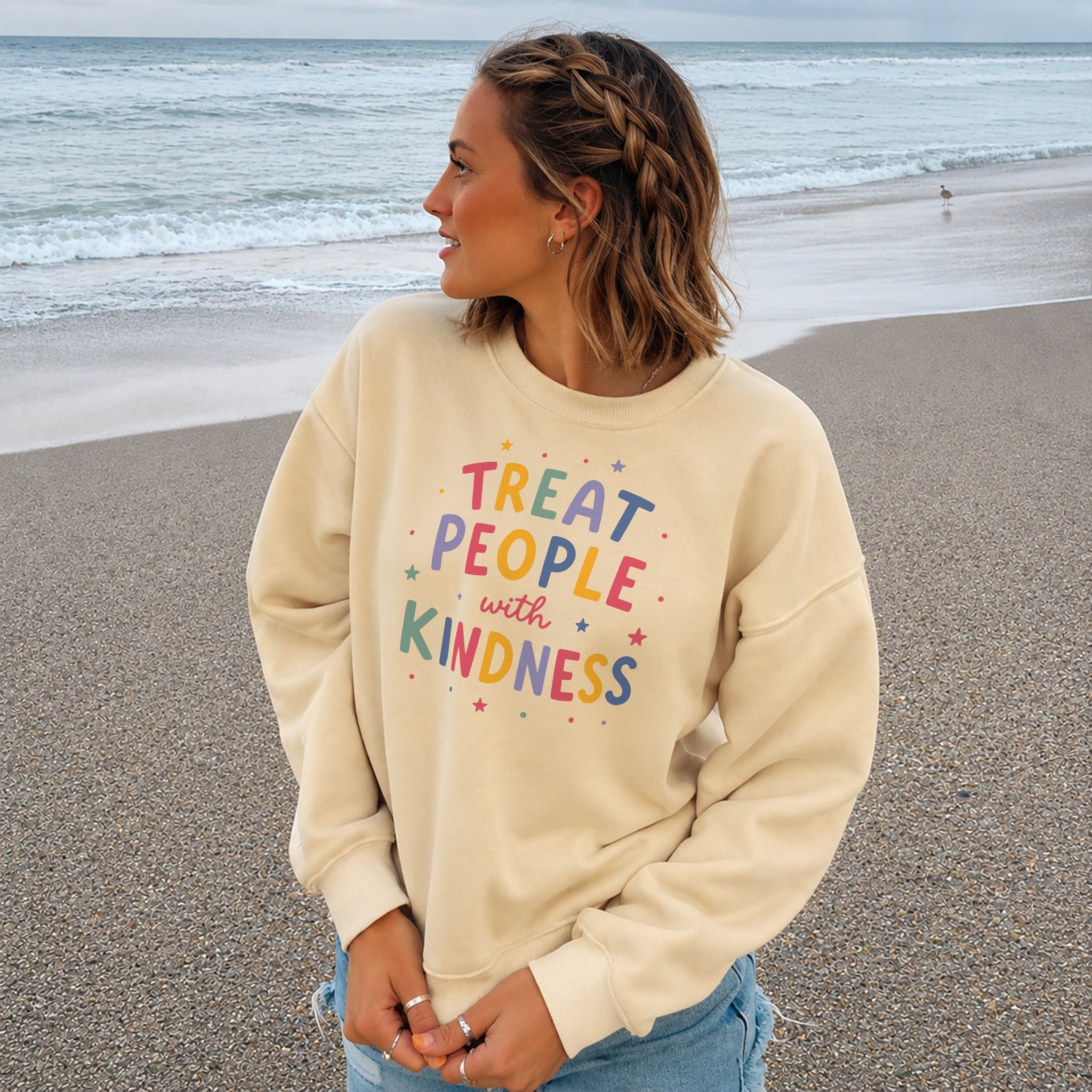 Treat People With Kindness Sweater - Warm Sand front