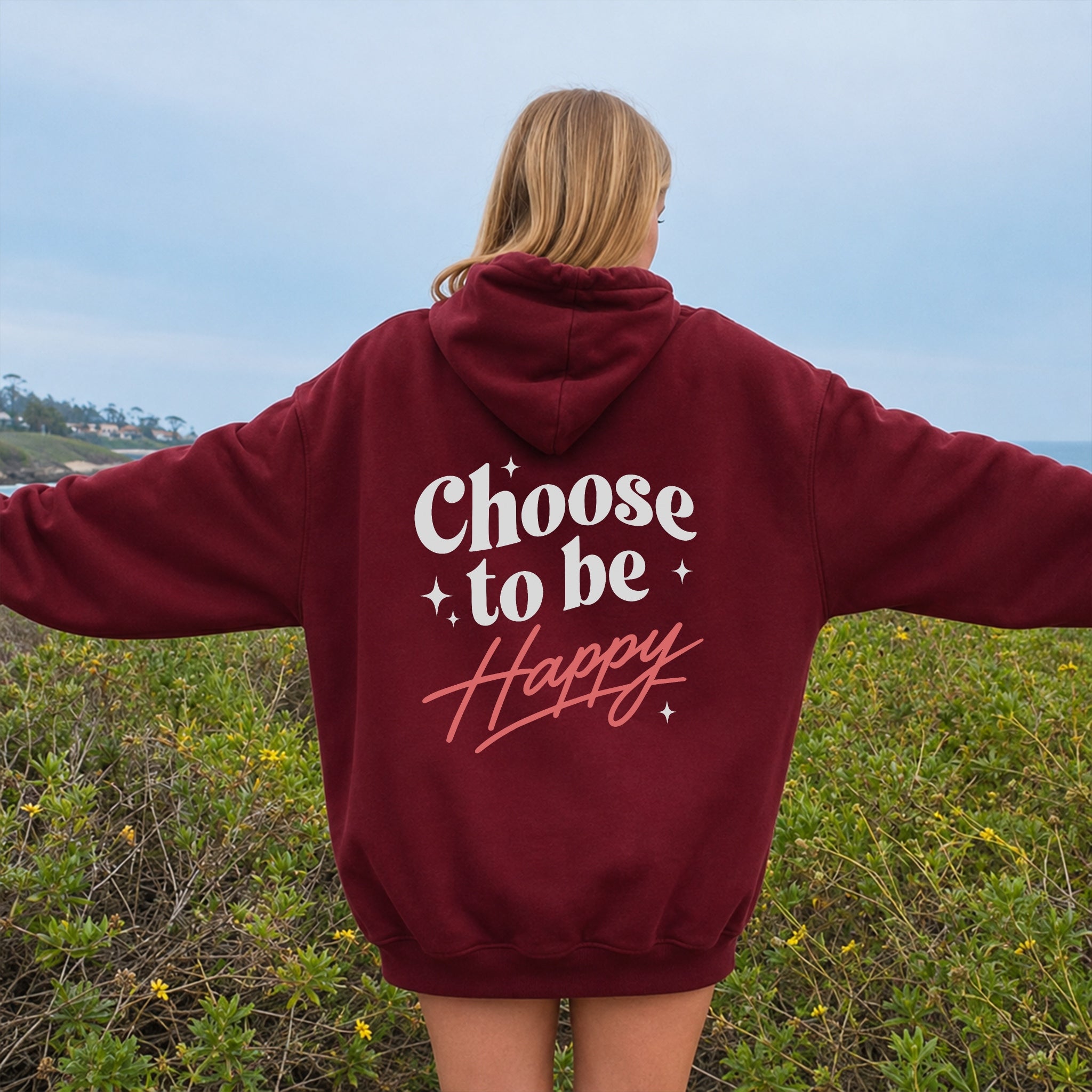 Choose To Be Happy Hoodie - Burgundy back