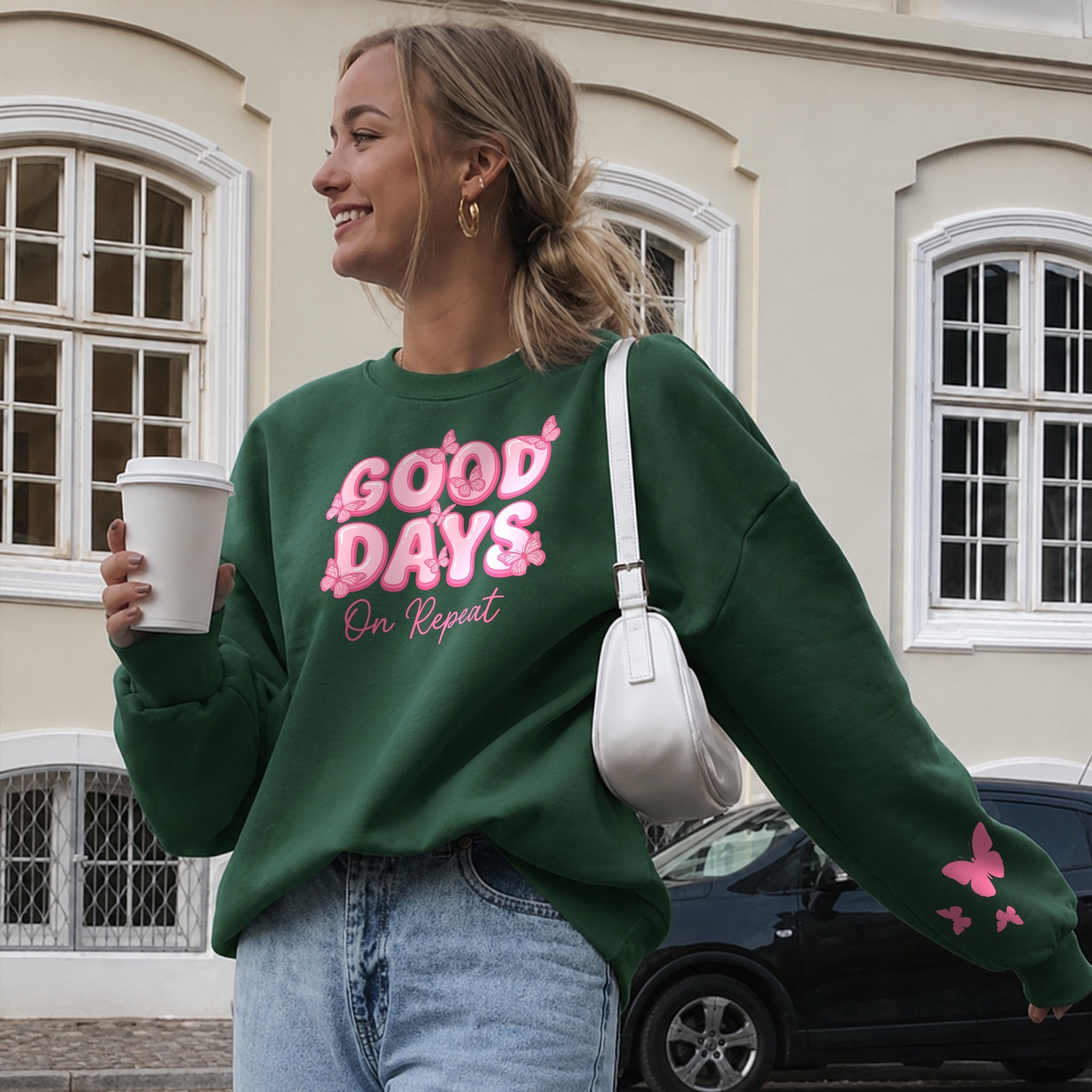 Good Days On Repeat Sweater - Forest Green front