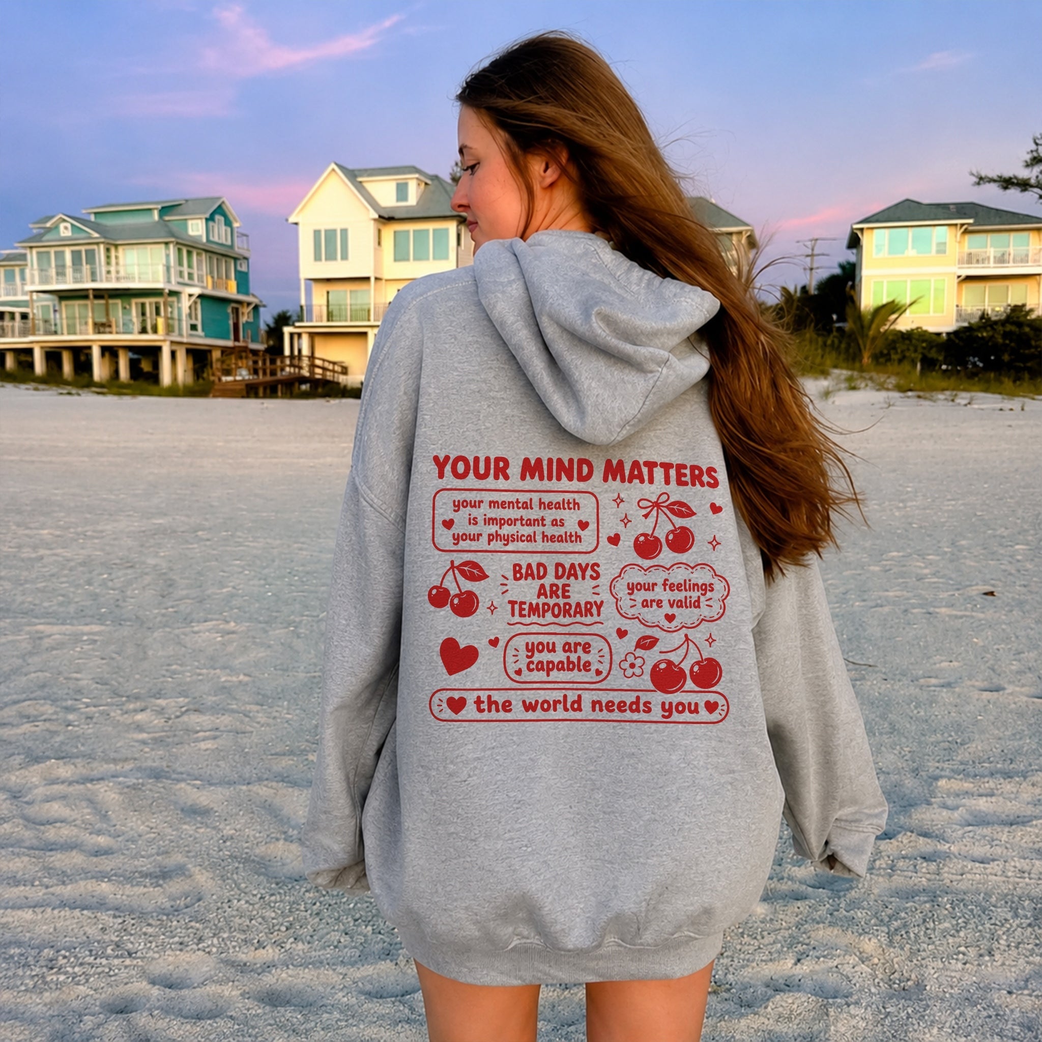 Your Mind Matters Cherry Hoodie - Gray back