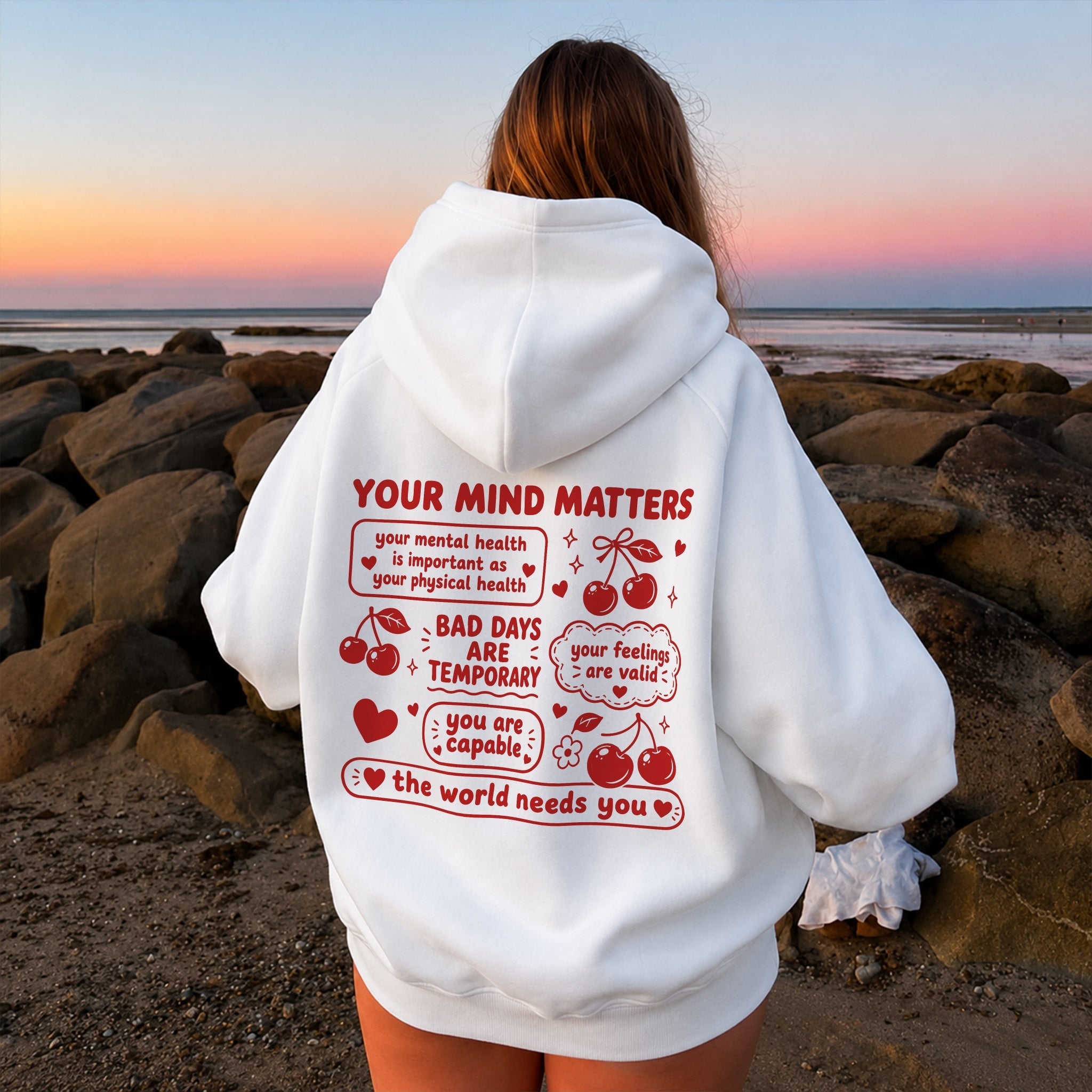 Your Mind Matters Cherry Hoodie - White back