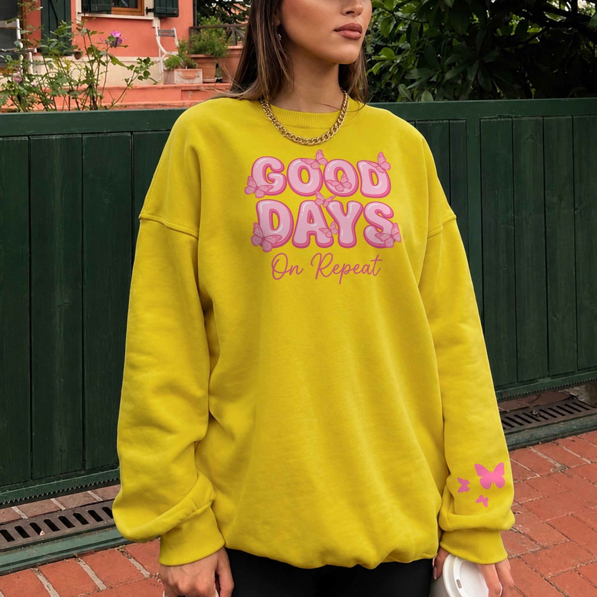 Good Days On Repeat Sweater - Yellow front