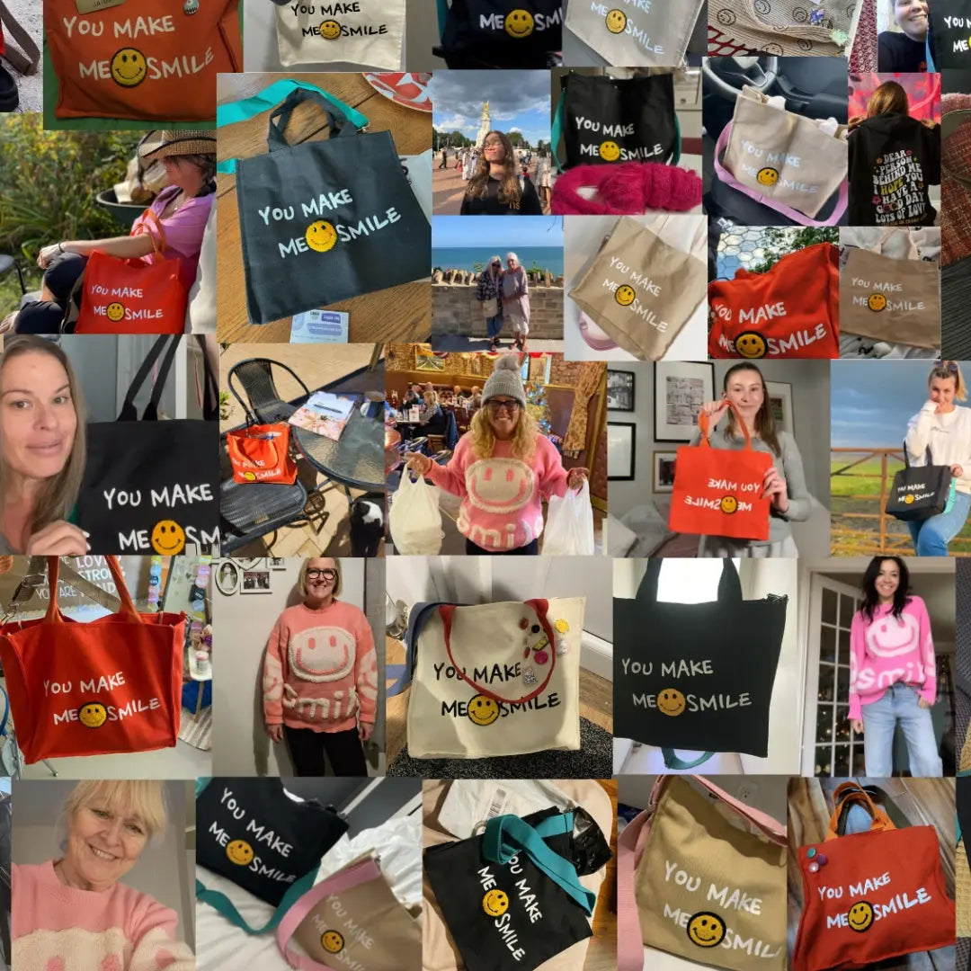 A collage of dozens of customers holding and wearing their Hoodies For Heroes bags and sweaters