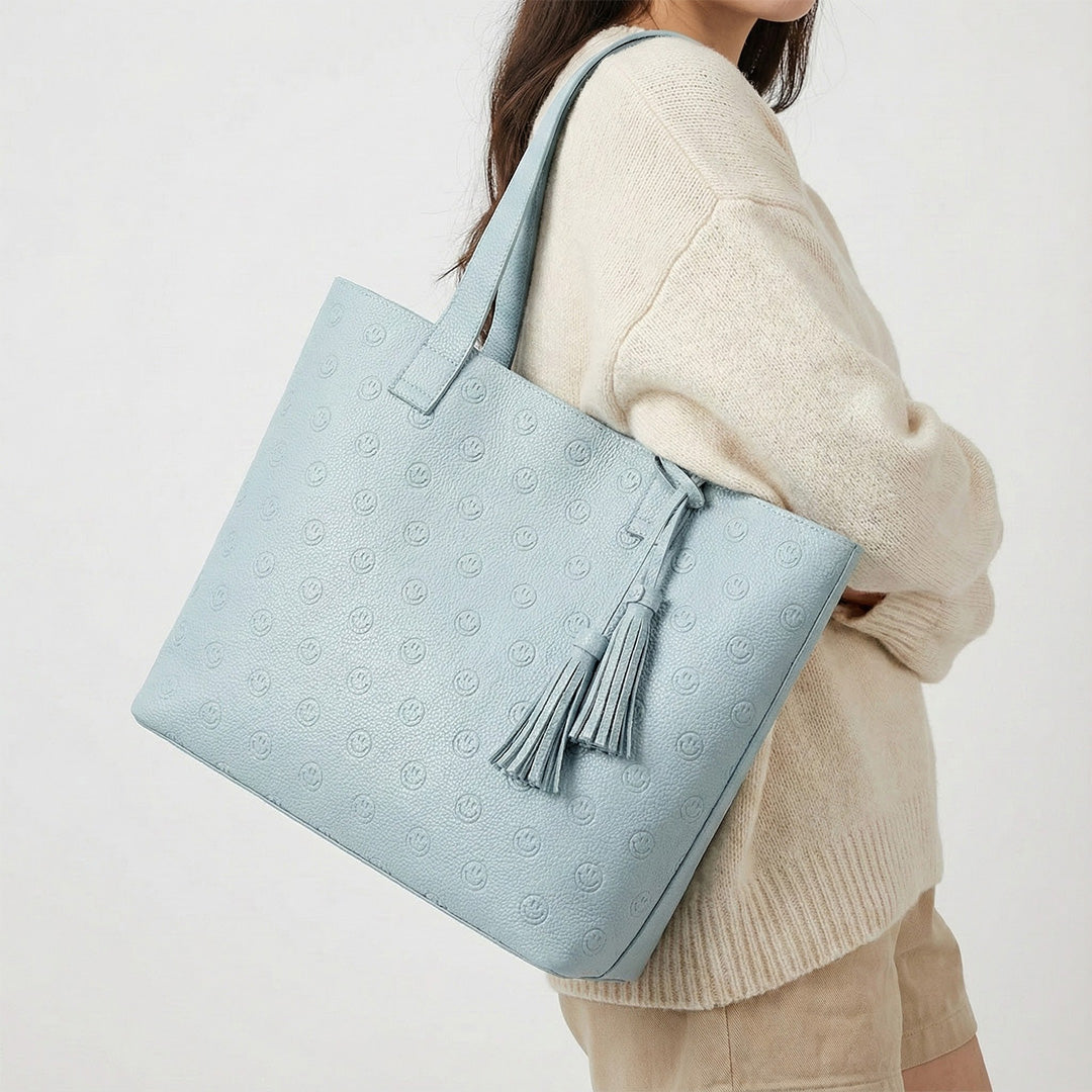 Smile Embossed Leather Tote