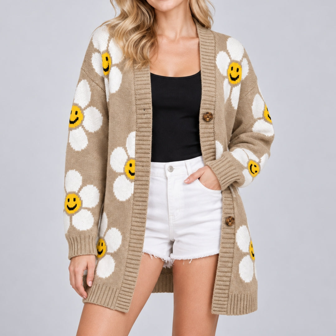 Daisy Smile Cardigan - Camel - model