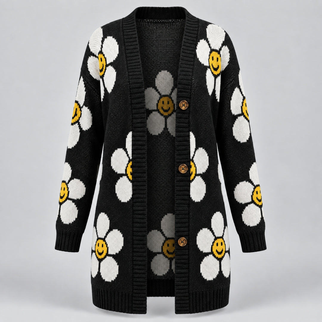 Daisy Smile Cardigan - Midnight Black - front