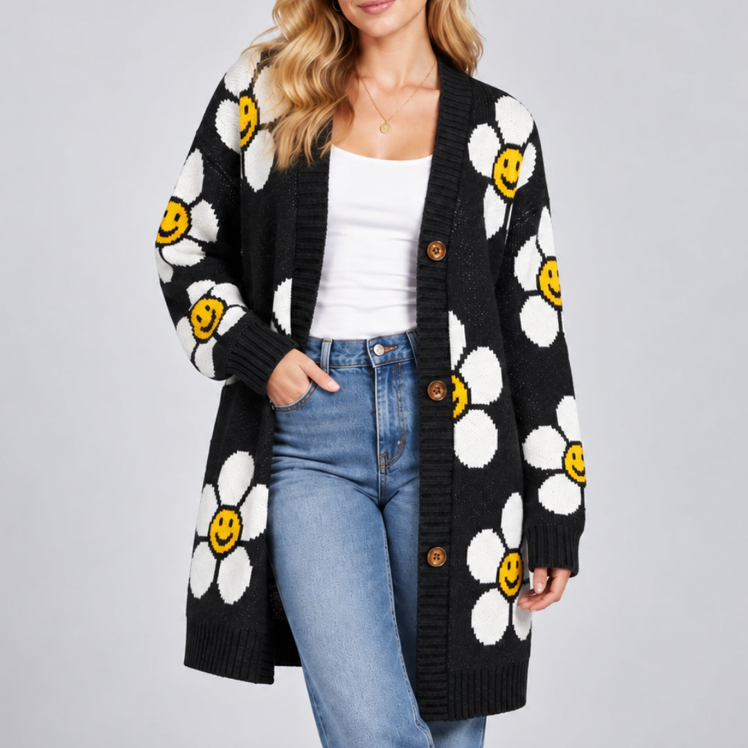 Daisy Smile Cardigan - Midnight Black - model