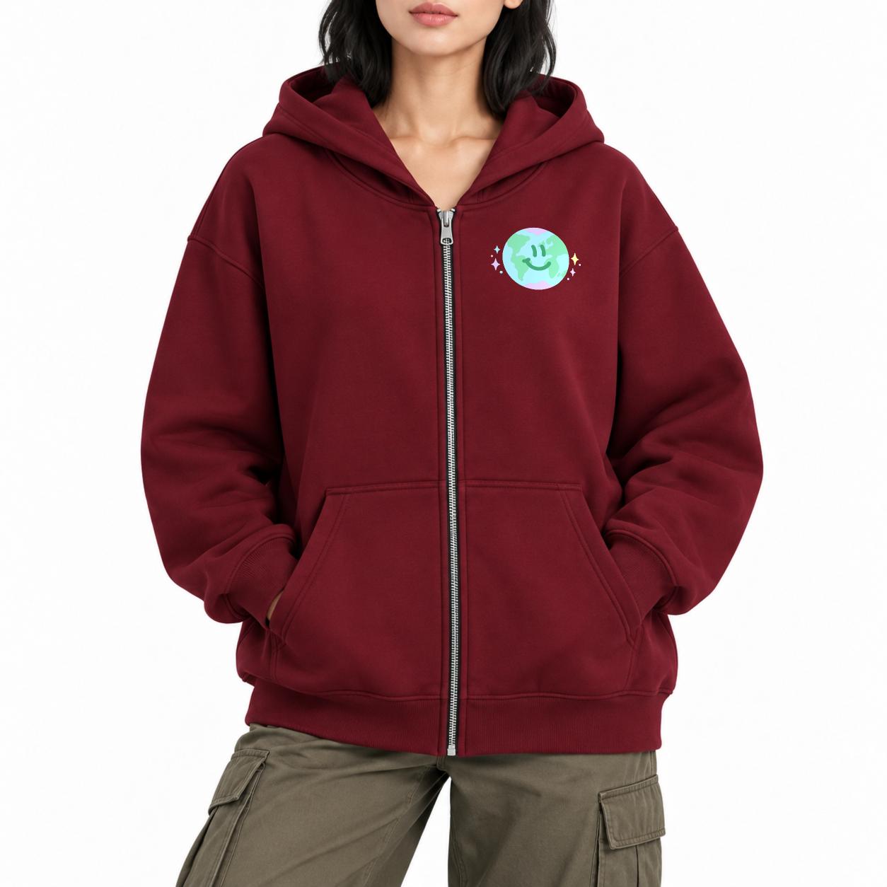 Kind World Zip Hoodie - Burgundy