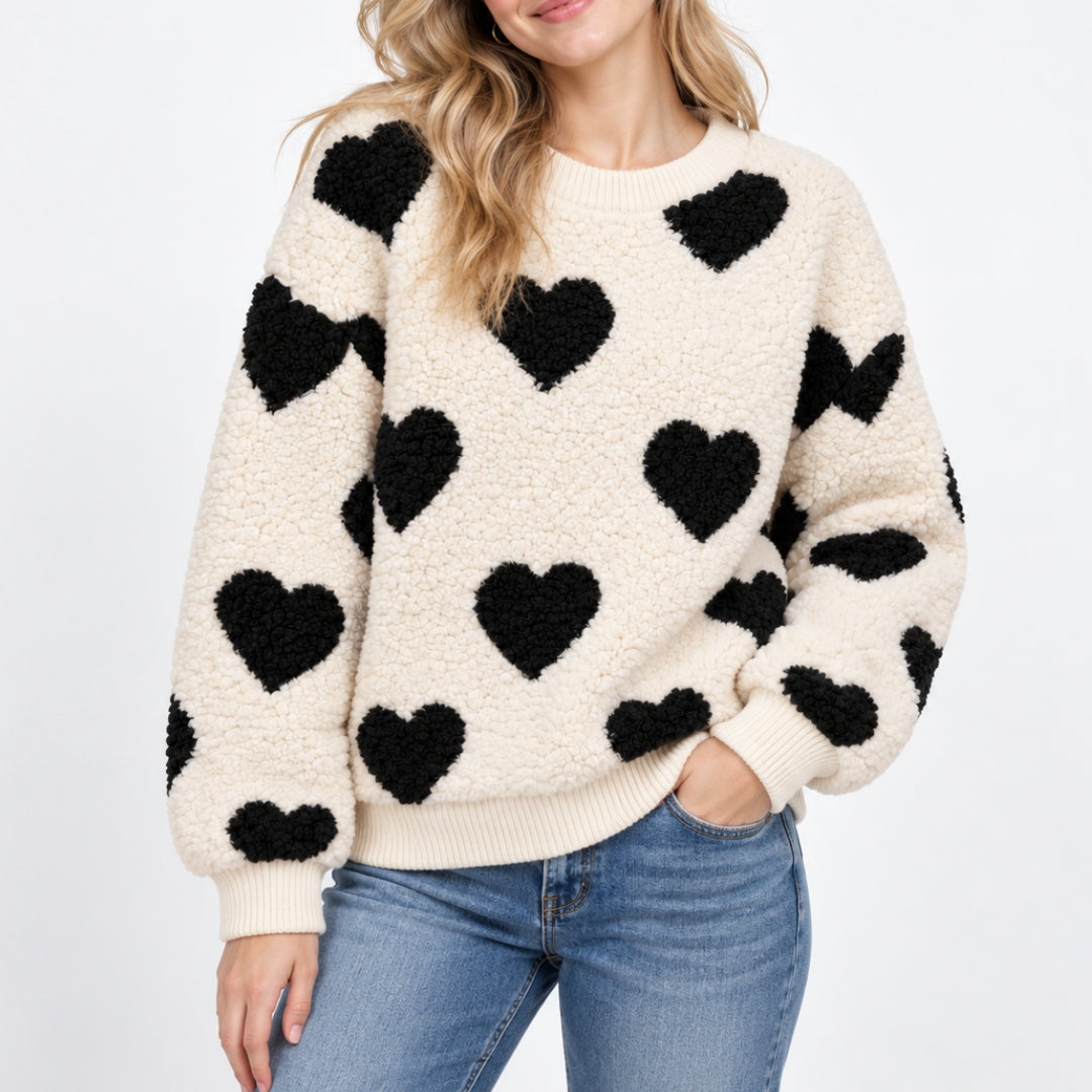 Teddy Heart Sweater - Cream & Black - model