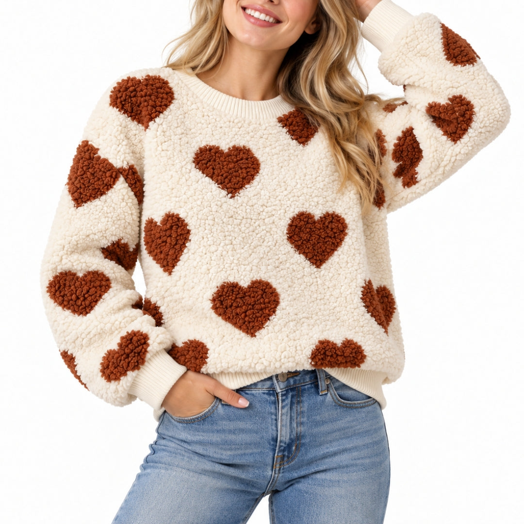 Teddy Heart Sweater - Cream & Cocoa - model