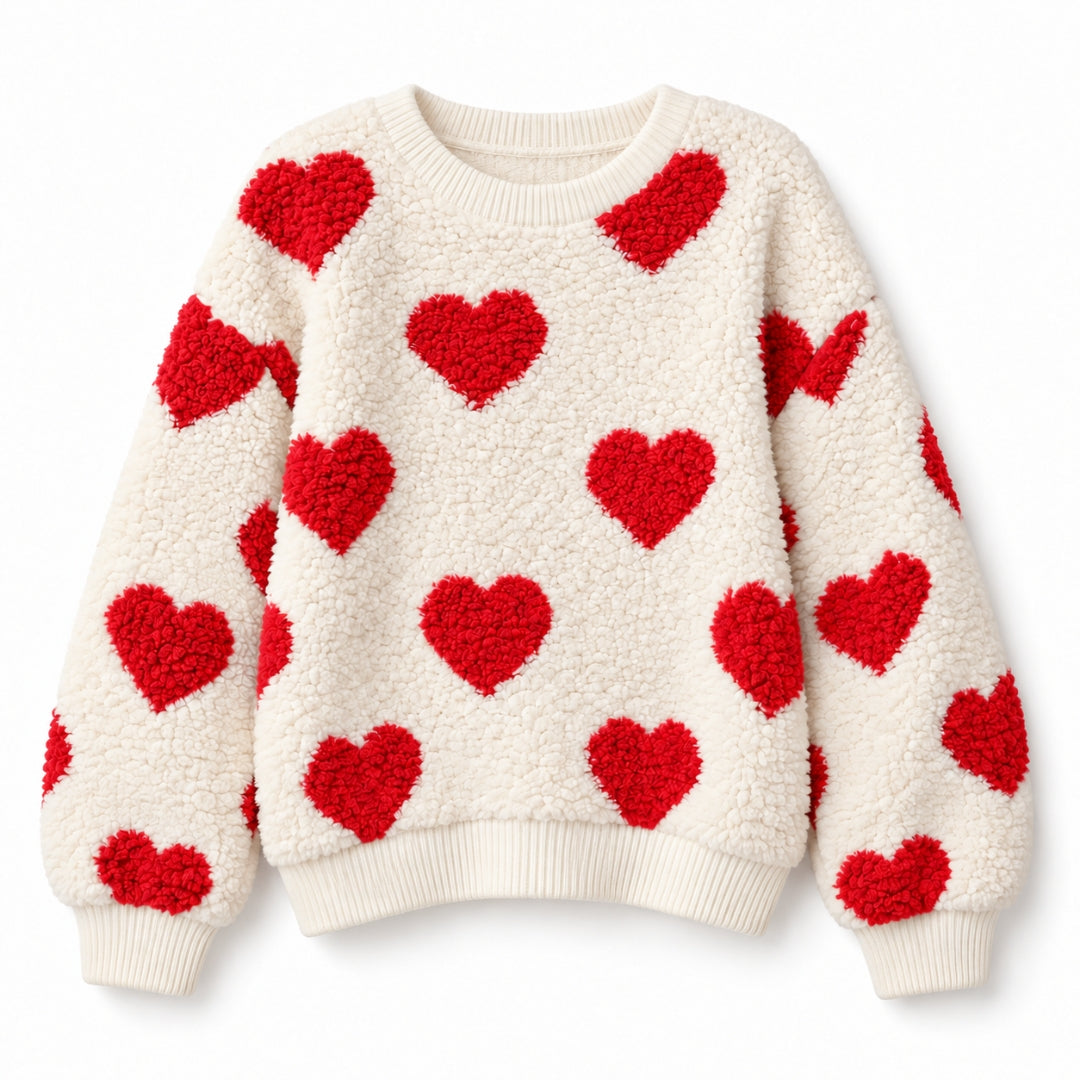 Teddy Heart Sweater - Cream & Red - front