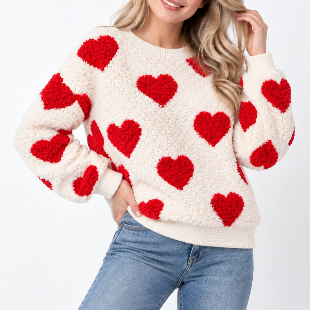 Teddy Heart Sweater - Cream & Red - model