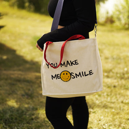 Just Smile Canvas Tote Bag cute Smiley Face Positive Quotes 